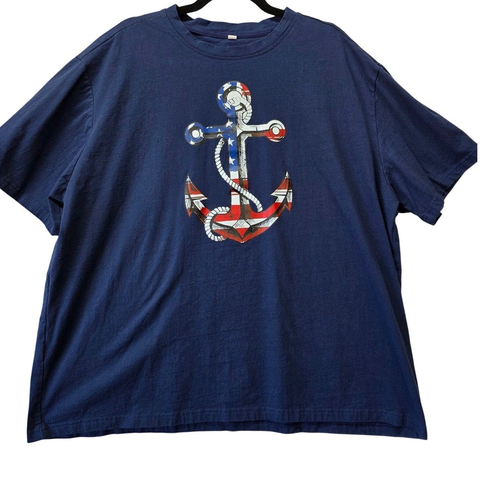 Mens‎ Navy Blue Anchor American Flag Graphic T-Shirt 100% Cotton 3XL Patriotic